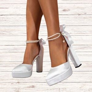 Pearl White High Heels with Ankle Straps and Bow Detail